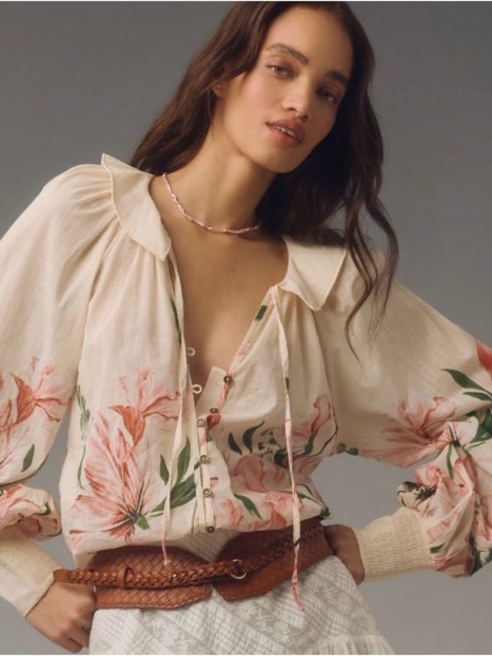 Anthropologie Cream Blouse with Pink Floral Print